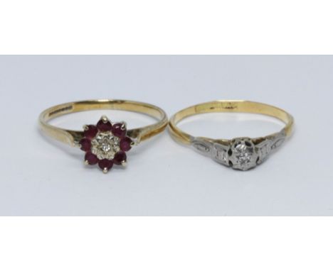 Two rings; one hallmarked 9ct gold ruby and diamond cluster, weight 1.8g, the other single stone diamond ring marked '18ct&am