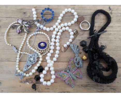 Two cultured pearl necklaces and assorted jet and similar jewellery and assorted vintage costume jewellery.  