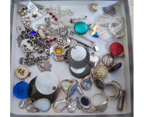 A tray of assorted vintage jewellery comprising mainly items marked '925' including a charm bracelet etc.  