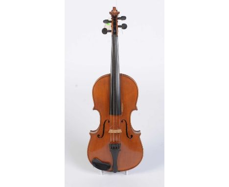 A late 19th Century German Violin with two-piece flamed back and sides, light amber varnish, length of back 36cms, cased with