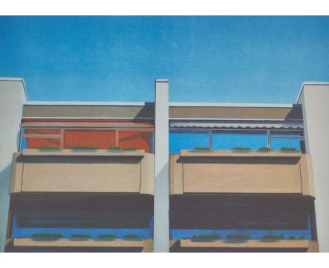 Eberhard Havekost1967 Dresden - 2019 Berlin - "Vier Kabinen" - Farboffset/Karton. 53 x 73,73,2 cm, 57,5 x 77,3 cm. Sign. r. u