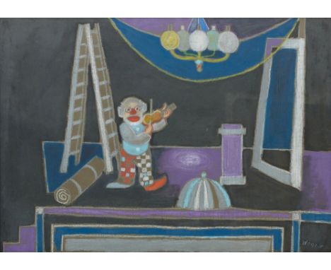 Erich Wegner1899 Gnoien - 1980 Hannover - Musizierender Clown - Farbige Kreiden/graues Papier. 46,5 x 65,5 cm. Sign. r. u.: W