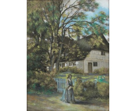 Carl Christian Feddersen1875 Tønder - 1936 Keitum - Bäuerin in Tracht vor reedgedecktem Bauernhaus (wohl Sylt) - Pastellkreid