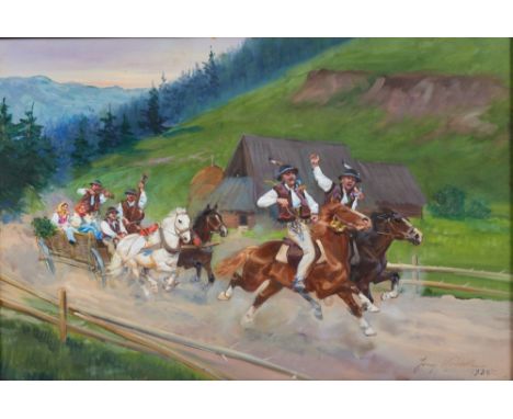 Jerzy Kossak1886 Krakau - 1955 Krakau - Die Hochzeit - Öl/Karton. 54,2 x 79,5 cm. Sign. und dat. r. u.: Jerzy Kossak / 1935. 