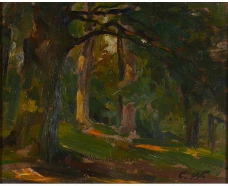 Carl Wiederhold1863 Hannover - 1961 Bückeburg - Waldlandschaft - Öl/Karton. 24 x 30 cm. Monogr. r. u.: C. W. Rahmen. - Lit.: 