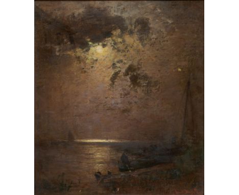Louis Douzette1834 Tribsees - 1924 Barth - Mondscheinlandschaft - Öl/Lwd. auf Bristolkarton. 41 x 37 cm. Sign. r. u.: Louis D