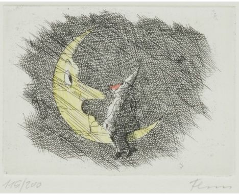 Paul Flora1922 Glurns - 2009 Innsbruck - Mann auf Mond - Kolorierte Radierung/Papier. 115/200. 7,9 x 10,7 cm, 22 x 21,8 cm. S