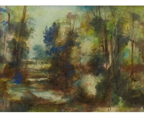 Ernst Thoms1896 Nienburg - 1983 Wietzen - "Waldtümpel" - Mischtechnik/Karton. 47 x 64 cm (Passepartoutausschnitt). Sign. und 