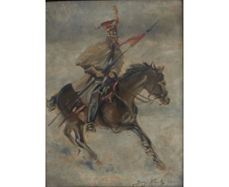 Jerzy Kossak1886 Krakau - 1955 Krakau - Kavallerist - Öl/Karton (konvex gewölbt). 46,3 x 35 cm. Sign. und dat. r. u.: Jerzy K