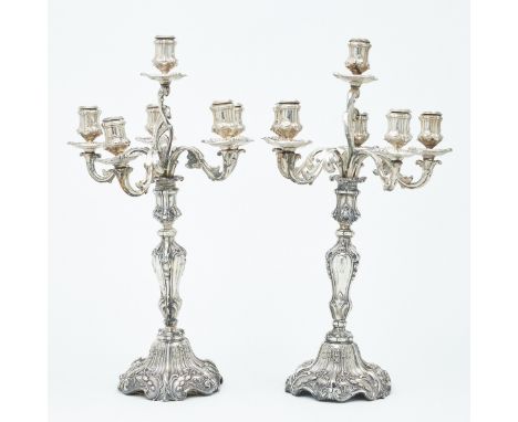 Paar 6flg. KerzenleuchterD. Vollgold &amp; Söhne/Berlin. 800er Silber. Punzen: Herst.-Marken, 800, Halbmond/Krone. H. 57 cm. 