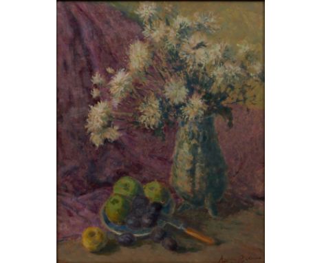 Aniela Pajakówna1864 Medyka - 1912 Paris - Stillleben mit Blumen und Früchten - Öl/Karton. 69 x 55,2 cm. Sign. r. u.: Aniela 