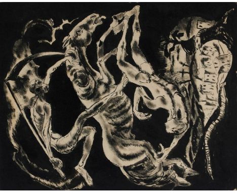 Ernst Thoms1896 Nienburg - 1983 Wietzen - "Der Hunger" - Tusche/Papier. 33,5 x 26,5 cm. Sign. und dat. m. u.: E. Thoms 1920. 