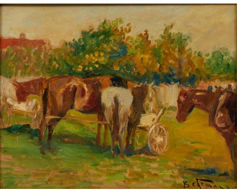 Adolf Abraham Behrmann1876 Tukums - 1943 Getto Bialystok - Pferde - Öl/Leimholz. 19,6 x 24,5 cm. Sign. r. u.: Behrmann. Rahme