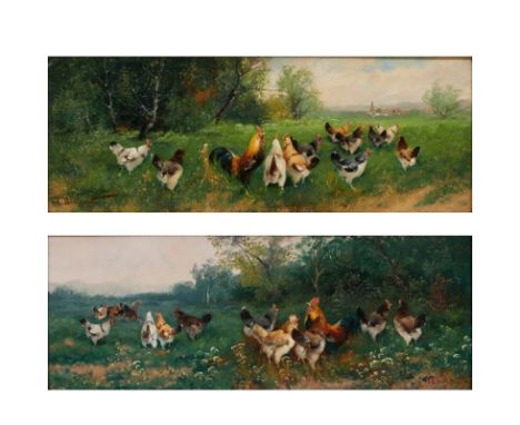 V. DechantKünstler des frühen 20. Jahrhunderts - Hühner auf der Wiese - Öl/Holz. 15 x 37,5 cm. Sign. l. u.: V. Dechant. Zierr