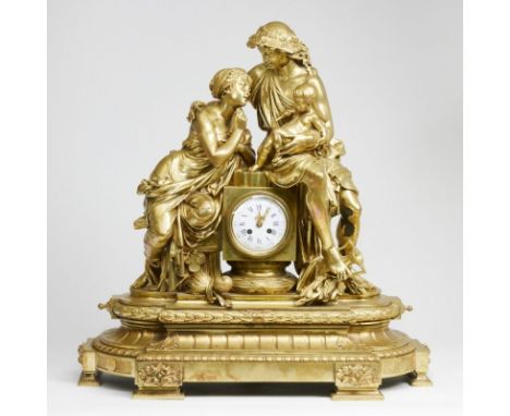 Große PrunkpenduleAlbert Ernest Carrier-Belleuse/Frankreich, 19. Jh. Bronze, vergoldet. 70 x 68 x 25 cm. Schlag auf Glocke. R
