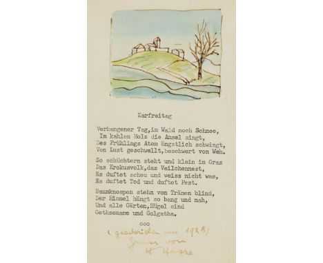 Hermann Hesse1877 Calw - 1962 Montagnola (Schweiz) - "Karfreitag" (Hügelige Landschaft mit Häusern und Baum) - Tusche und Aqu