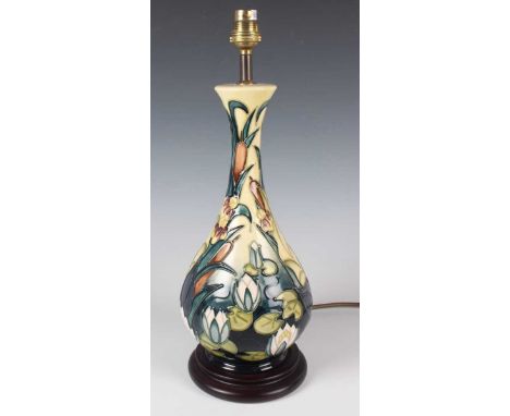 A Moorcroft Pottery Lamia pattern table lamp, designed by Rachel Bishop, with integral base, height to top of fitting 41cm, w