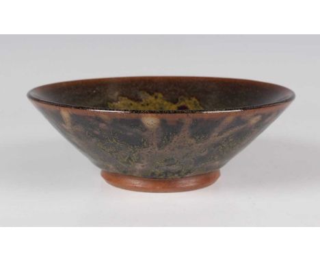 A Charles Vyse studio pottery stoneware bowl of flared circular shape, the dark brown hare's fur glazed body with yellow spla
