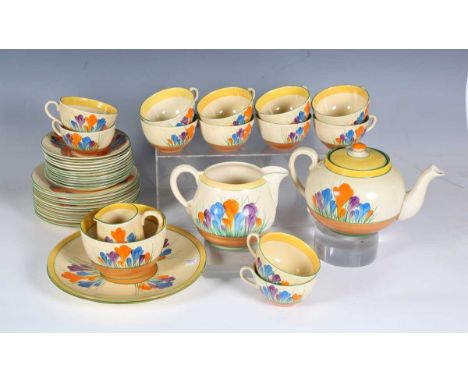 A Clarice Cliff Bizarre Autumn Crocus pattern part service, comprising teapot and cover, Windsor shape jug, height 12cm, two 