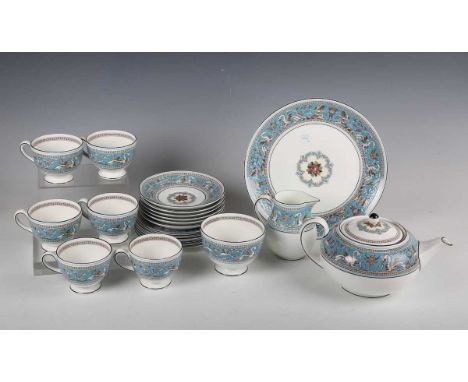 A Wedgwood Florentine Turquoise pattern part tea service, comprising teapot and cover, six teacups and saucers, six side plat