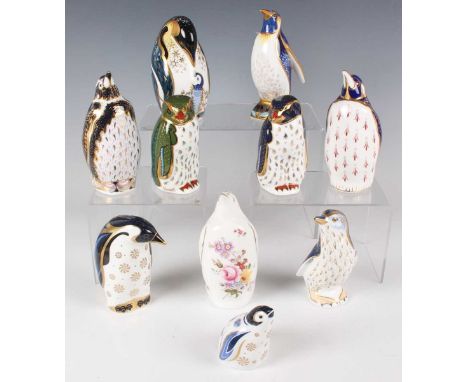 Ten Royal Crown Derby penguin model paperweights, mostly in Imari colours, comprising limited edition Rockhopper commissioned