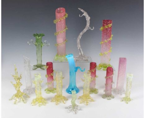 A small group of John Walsh Walsh mostly straw opalescent uranium glass rustic thorn posy vases, late 19th century, of trunk 