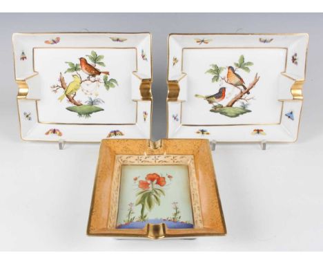 Two Herend porcelain Rothschild Bird pattern rectangular ashtrays, with gilt rims, blue printed and painted marks to bases, l