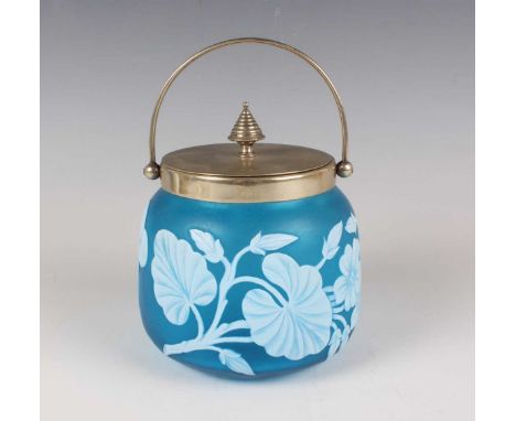 A Thomas Webb &amp; Sons cameo glass plate mounted biscuit barrel and cover, late 19th century, cased in opal over blue and c