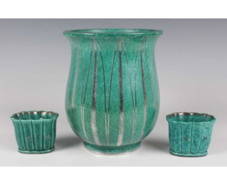 A Gustavsberg Argenta Ware vase, circa 1930-50, designed by Wilhelm Kage, the mottled green body decorated in silver with ver