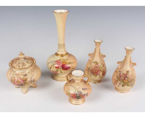 Five pieces of blush ivory floral decorated Royal Worcester, early 20th century, comprising a pair of two-handled vases with 