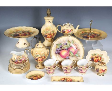 A group of Aynsley Orchard Gold pattern and still life decorated wares, with designs after Jones and Brunt, including six tea