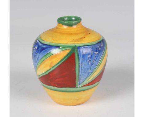 A Clarice Cliff Wilkinson Ltd Original Bizarre miniature vase, 1920s, the yellow ground with a wide band of blue and red tria