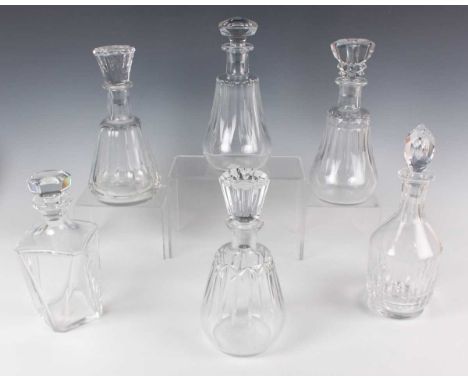 A Baccarat Thomas Hine & Co. Cognac decanter and stopper, with vertical line and cross cut decoration, acid etched marks to b