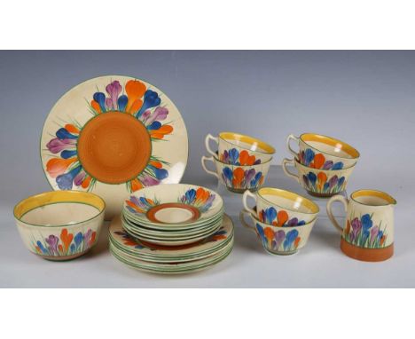 A Clarice Cliff Bizarre Autumn Crocus pattern part tea service, comprising cake plate, diameter 22.8cm, six teacups and sauce