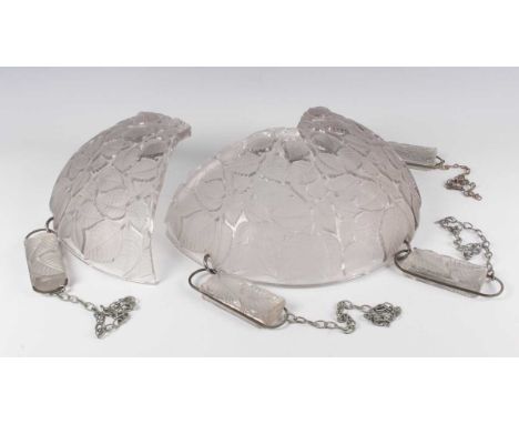 An Art Deco Lalique frosted and clear glass Charmes pattern plafonnier, designed 1924, moulded overall with leaves, suspended
