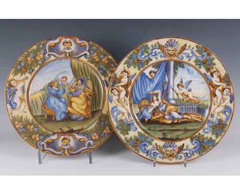 A pair of Castelli style maiolica circular chargers, 20th century in a 17th/18th century style, the first depicting Venus and