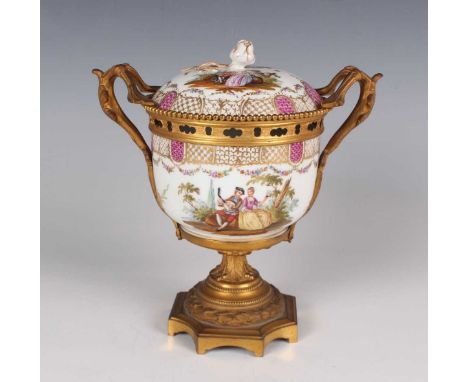 An ormolu mounted Meissen porcelain bowl and cover, late 19th century, outside factory painted with romantic couples in garde