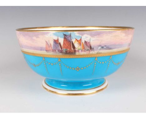 A Mintons porcelain circular bowl, circa 1900, painted by J.E. Dean, signed, with a band of yachts and sail boats at sunset a