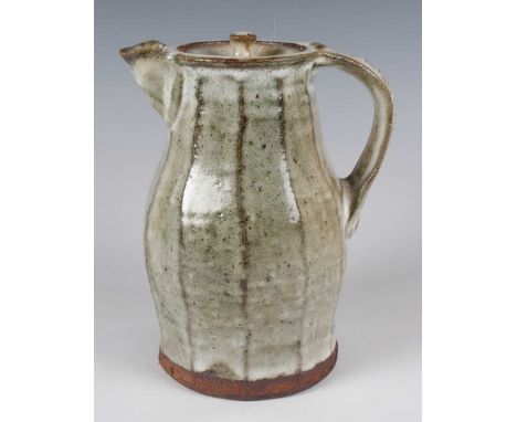 A studio pottery Jim Malone Ainstable coffee pot and cover, cut sided, covered in an ash green glaze, impressed seal marks, h