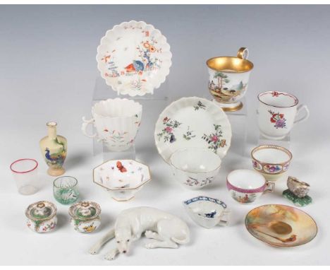 A mixed group of English and Continental porcelain, 18th, 19th and 20th century, including a Lowestoft leaf shaped butter boa
