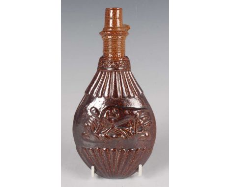 A Smith of Lambeth stoneware spirit flask in the form of a powder flask, circa 1840, moulded to both sides with hunting dogs,