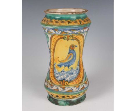 An Italian Sicilian maiolica albarello, probably Palermo, second half 17th century, of typical waisted form, painted with a b