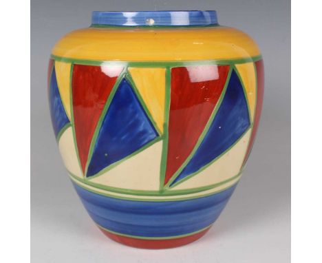 A Clarice Cliff Original Bizarre pattern vase, 1920s, painted with a geometric design of blue and red triangles outlined in g
