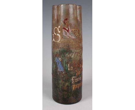 A rare Gallé carved, enamelled and gilt Historicist glass vase, circa 1900, designed by Louis Hestaux, the clear cylindrical 