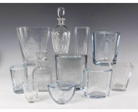 An Orrefors glass decanter and stopper, mid-20th century, engraved with a design after Nils Landberg depicting a mermaid hold