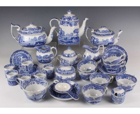 A group of Spode Italian pattern blue printed tea and coffee wares, mostly late 20th century, comprising large teapot and cov