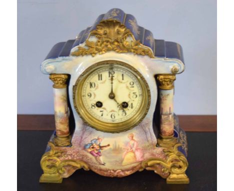 Late 19th/early 20th century pottery cased mantel clock, decorated in colours with figures and musicians etc, 26cm high