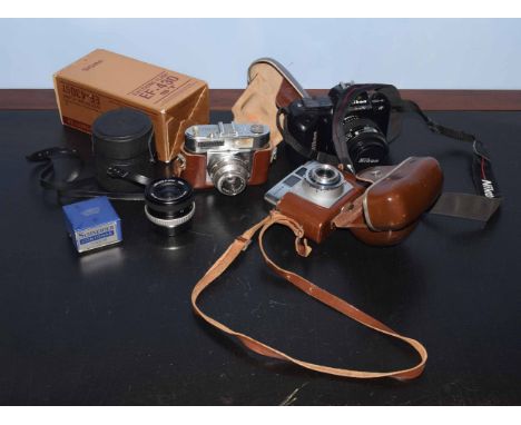 Zeiss Ikon "Colora" leather cased camera, Voigtlander Vito BL camera, Nikon F401 camera, various other lenses and accessories