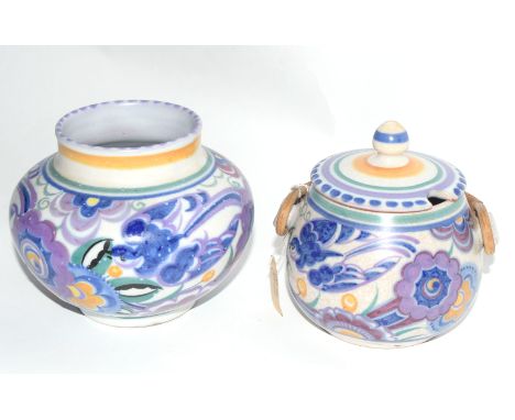 One mid-20th century Poole Pottery vase, and a jam pot and cover, pot with wicker handle, both with the bluebird design, vase