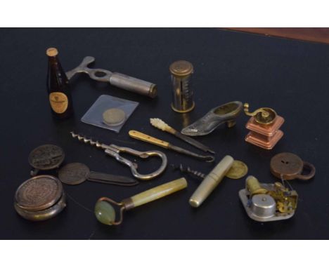 Mixed Lot: vintage corkscrew, magic pocket savings bank, musical box movement etc    